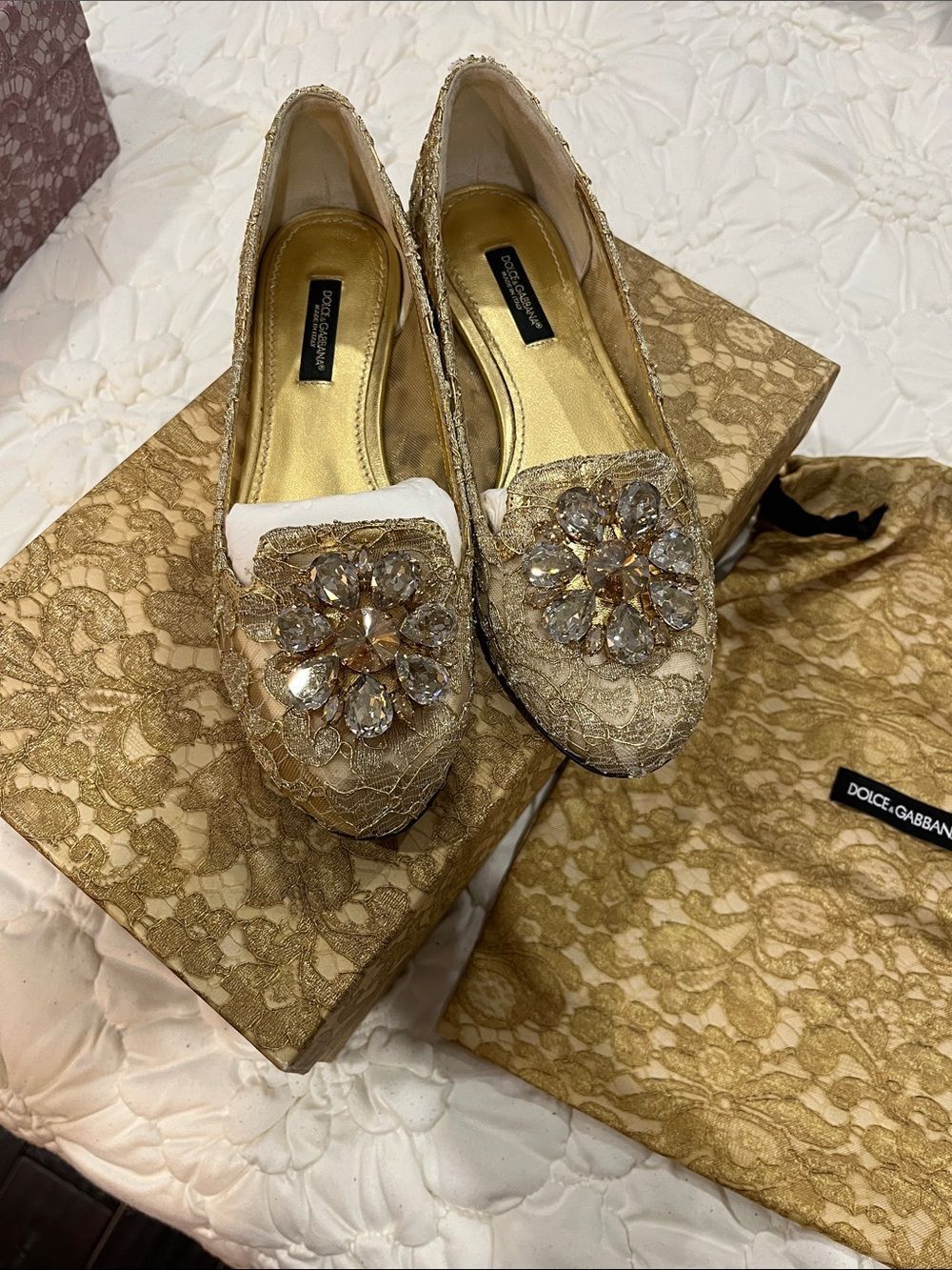 Dolce & Gabbana Gold Lace Jeweled Loafers